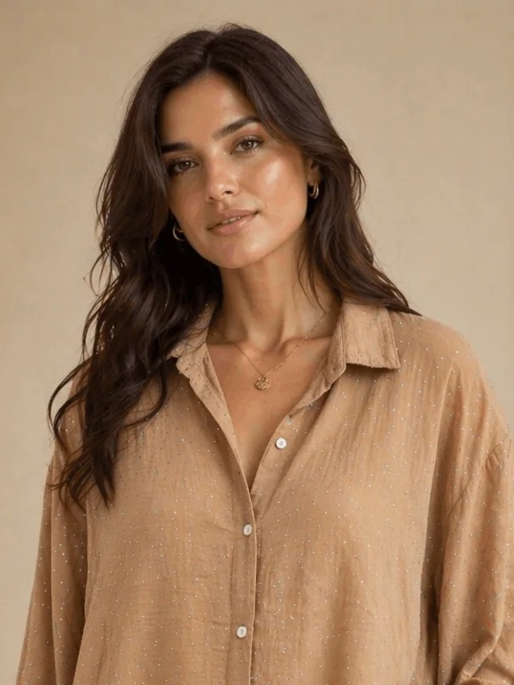 Jon & Anna Lightweight Button-Down Shirt in Camel with Subtle Dots